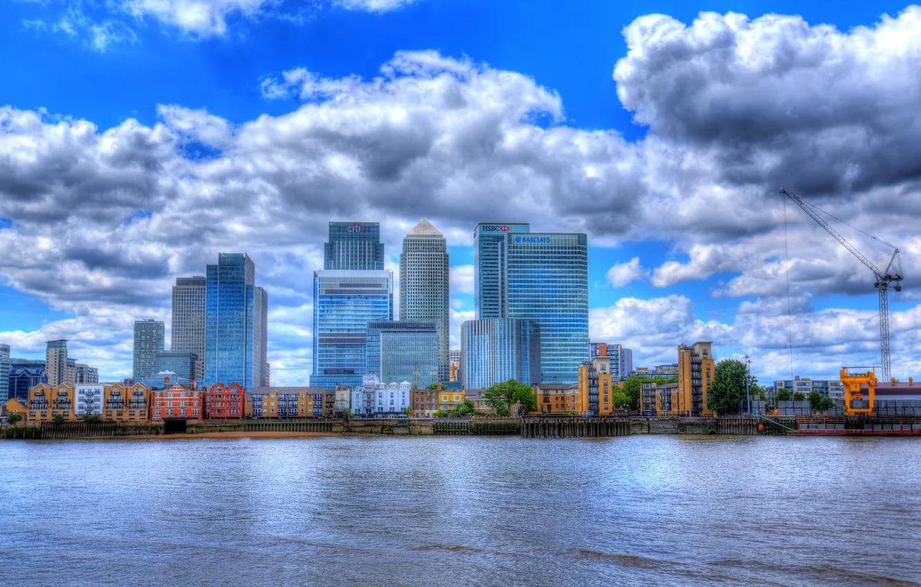Photo wallpaper clouds, river, England, London, HDR, home, docks, promenade