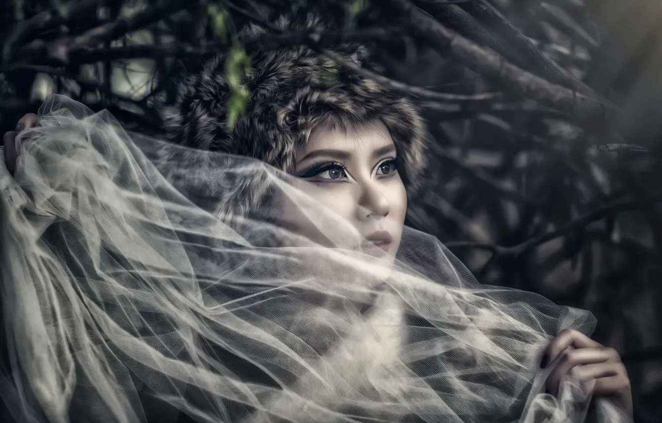 Photo wallpaper look, branches, face, mood, model, hat, makeup, Asian