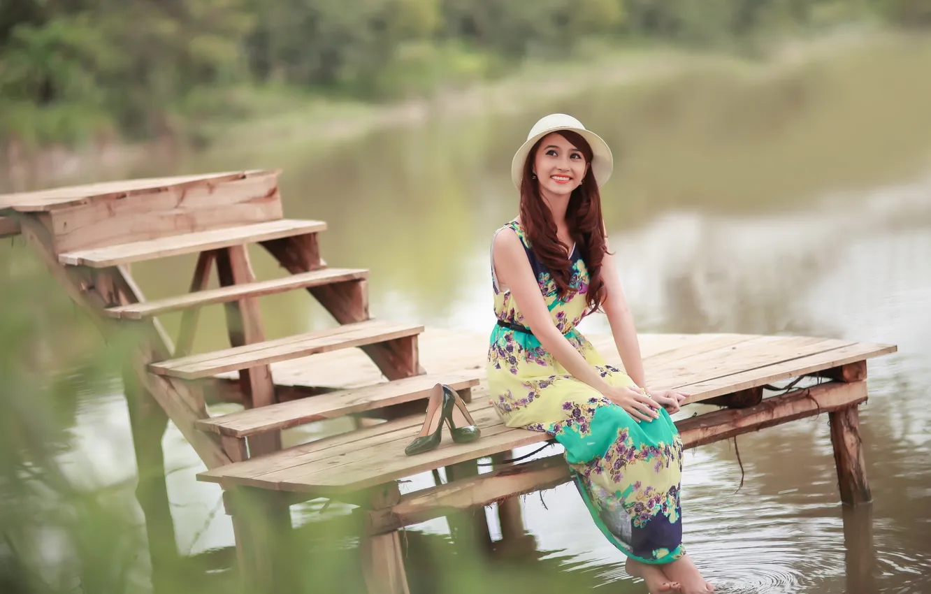 Photo wallpaper girl, bridge, lake, Asian
