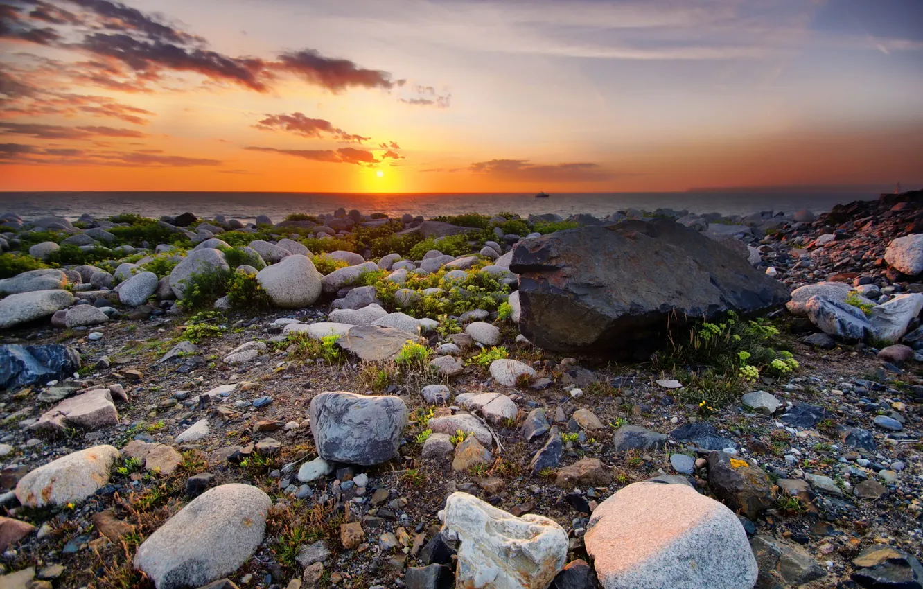 Photo wallpaper sea, landscape, sunset, stones