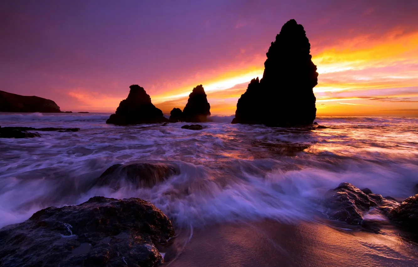 Photo wallpaper sea, landscape, sunset, rocks