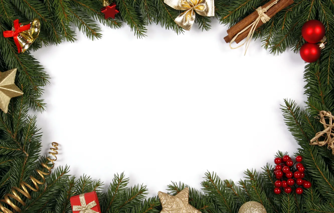 Photo wallpaper branches, tree, cinnamon, bow, bells, Christmas decorations
