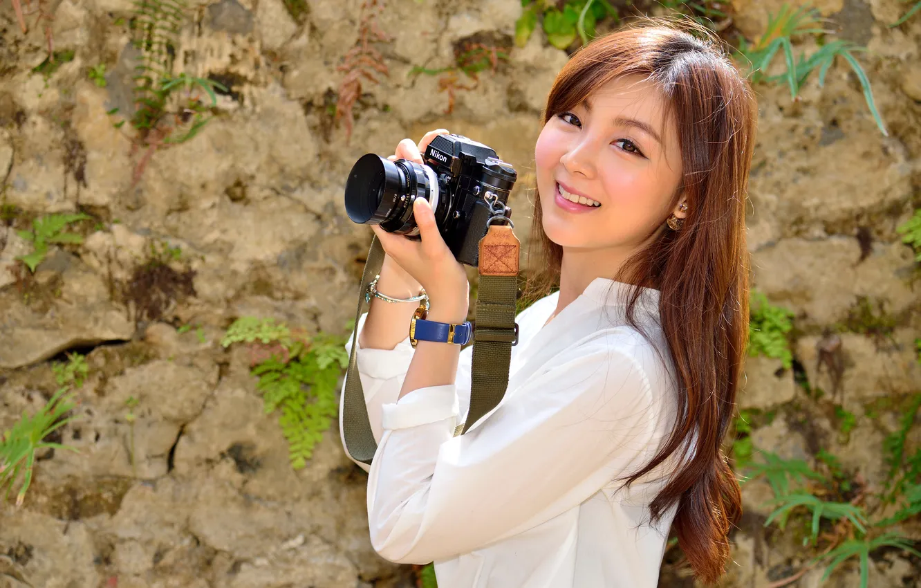 Photo wallpaper girl, smile, the camera, Asian