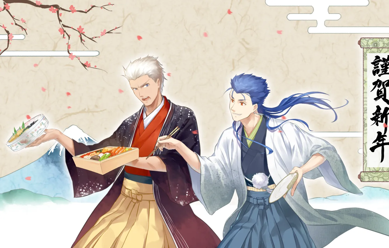 Photo wallpaper flowers, background, Japan, Sakura, guy, Lancer, Bento, Archer