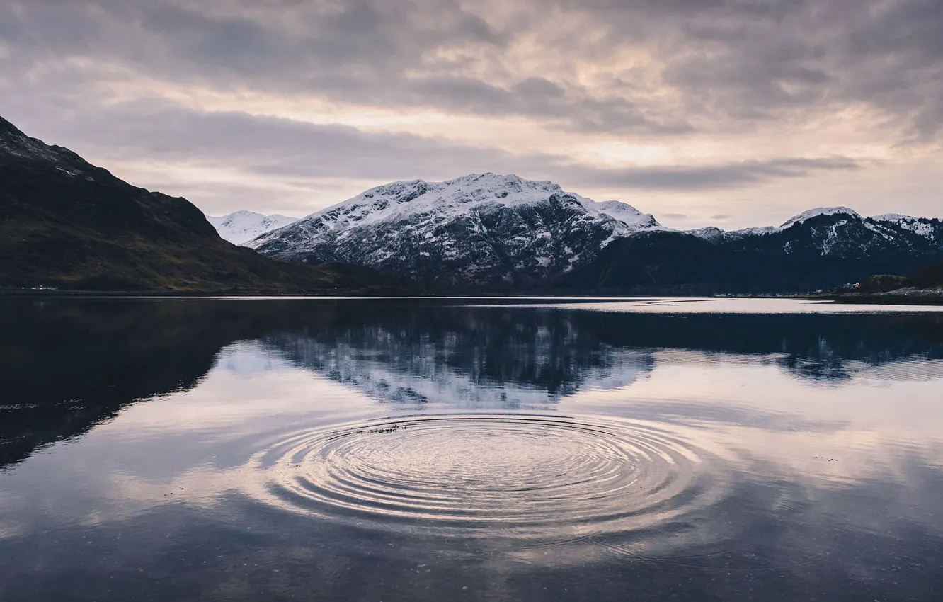 Photo wallpaper snow, mountains, lake, reflection, stones