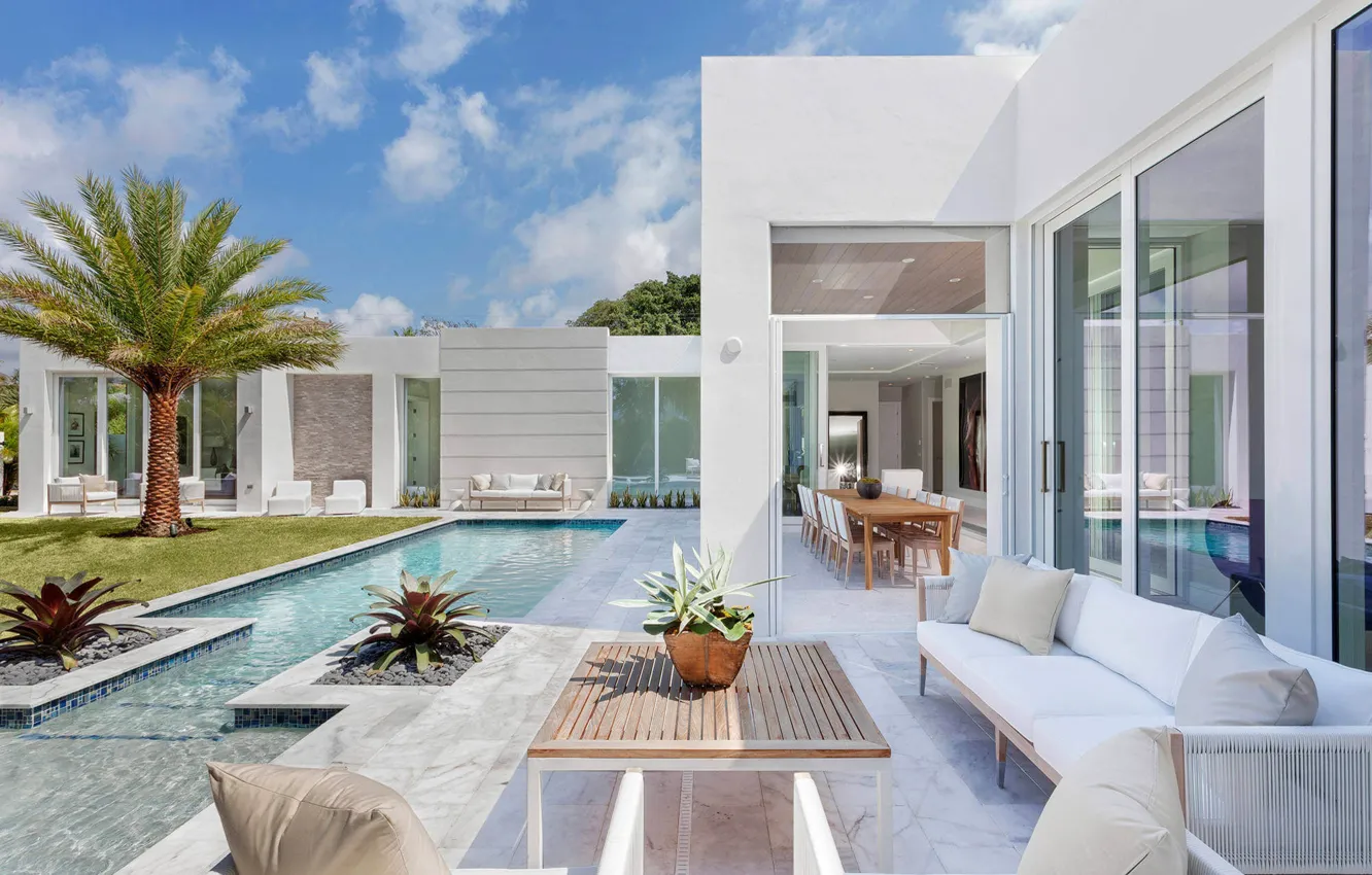 Photo wallpaper white, design, style, Villa, interior, pool, architecture, luxury