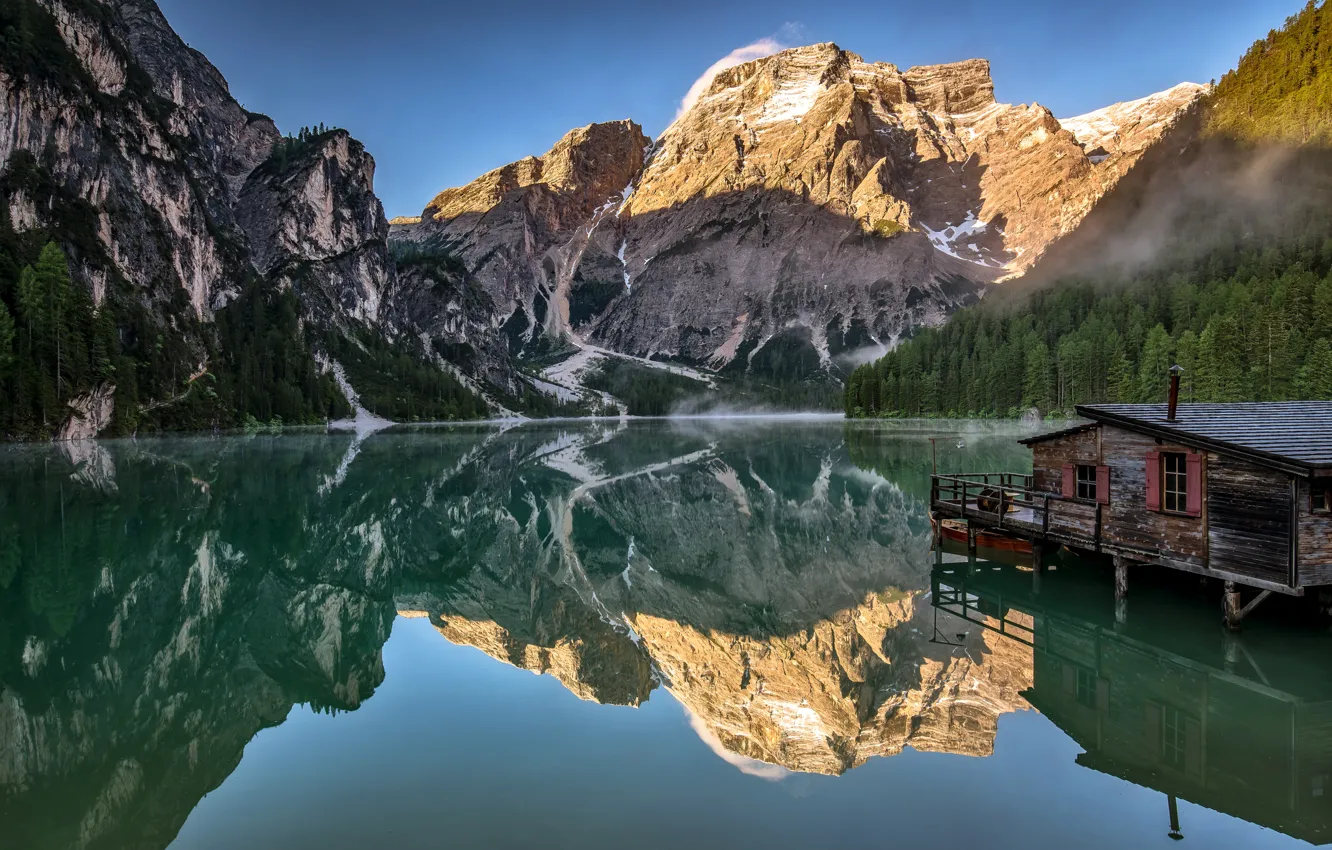 Photo wallpaper mountains, lake, reflection, Italy, The Dolomites