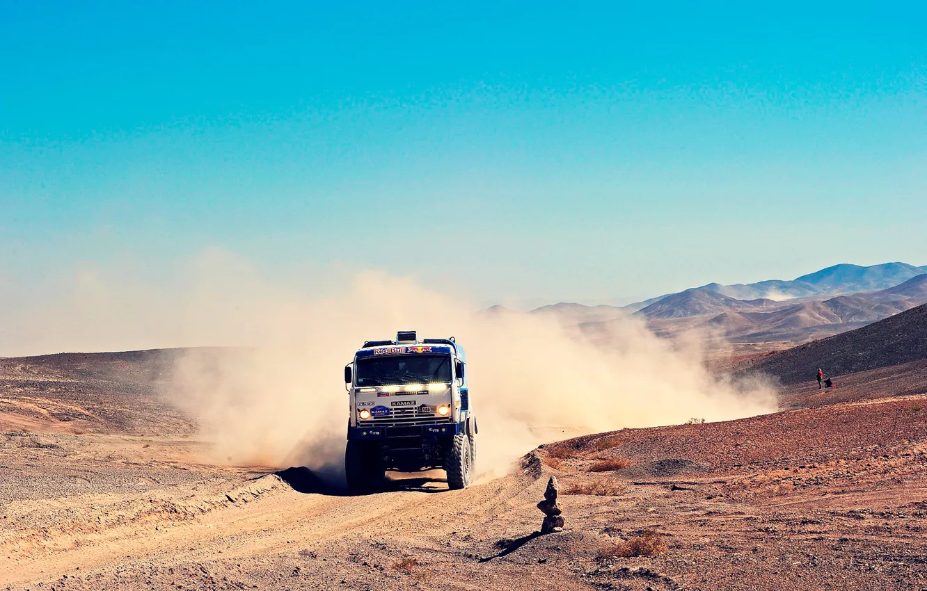 Photo wallpaper road, sand, the sky, mountains, blue, dust, Truck, Russia