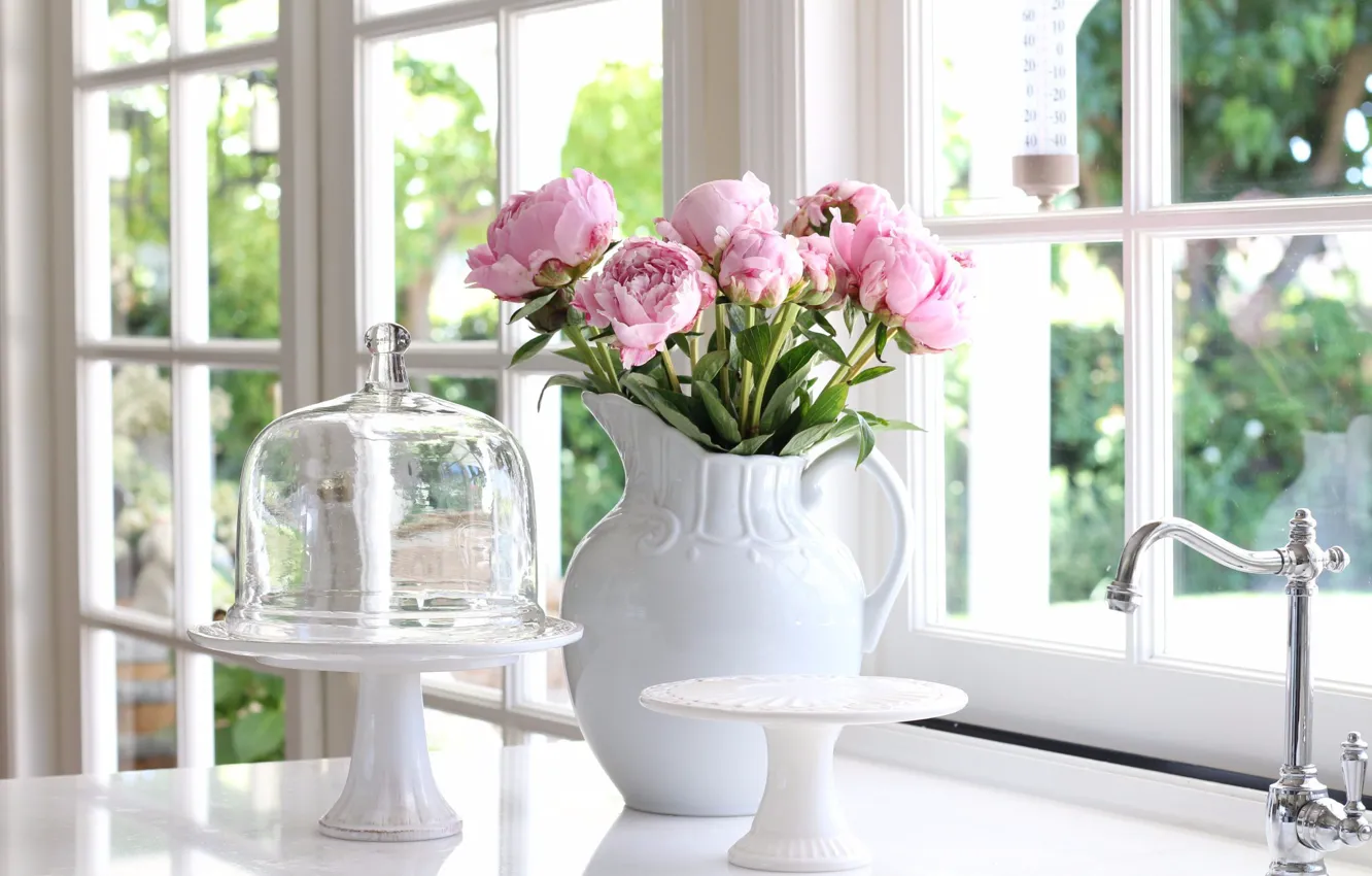 Photo wallpaper flowers, window, pitcher