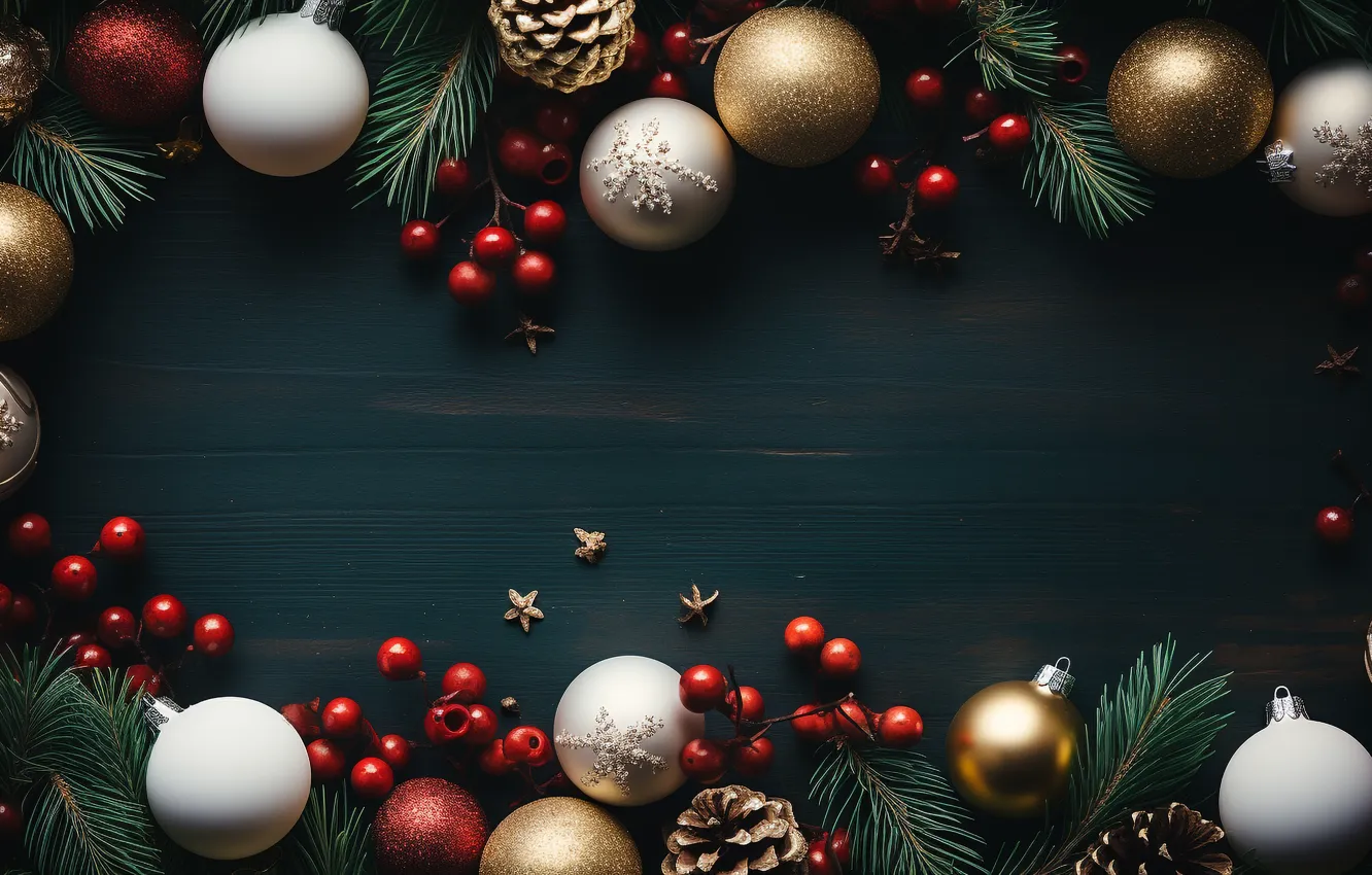 Photo wallpaper balls, branches, red, new year, Christmas, needles, blue background, Christmas decorations