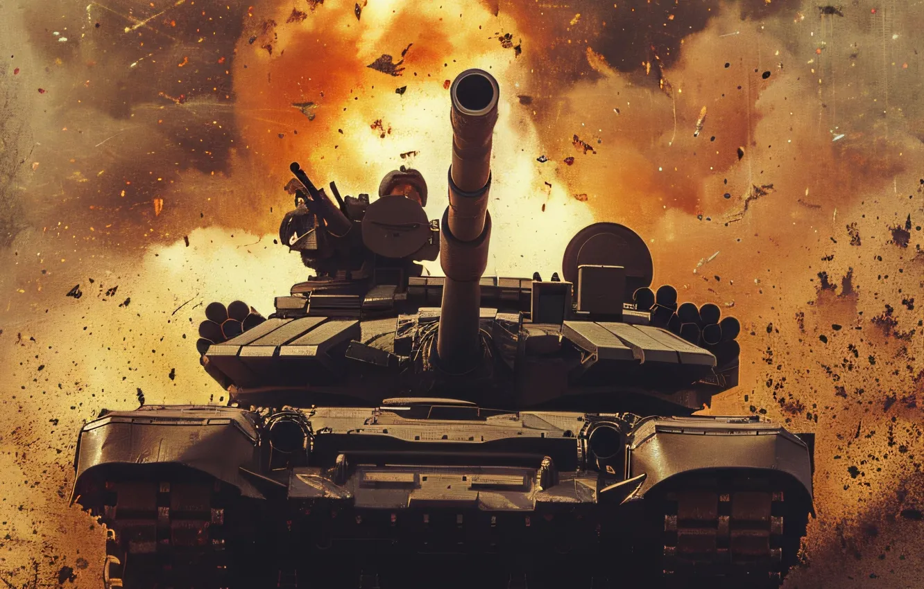 Photo wallpaper the explosion, lights, smoke, tank, front, digital art, AI art, The Art of Artificial Intelligence