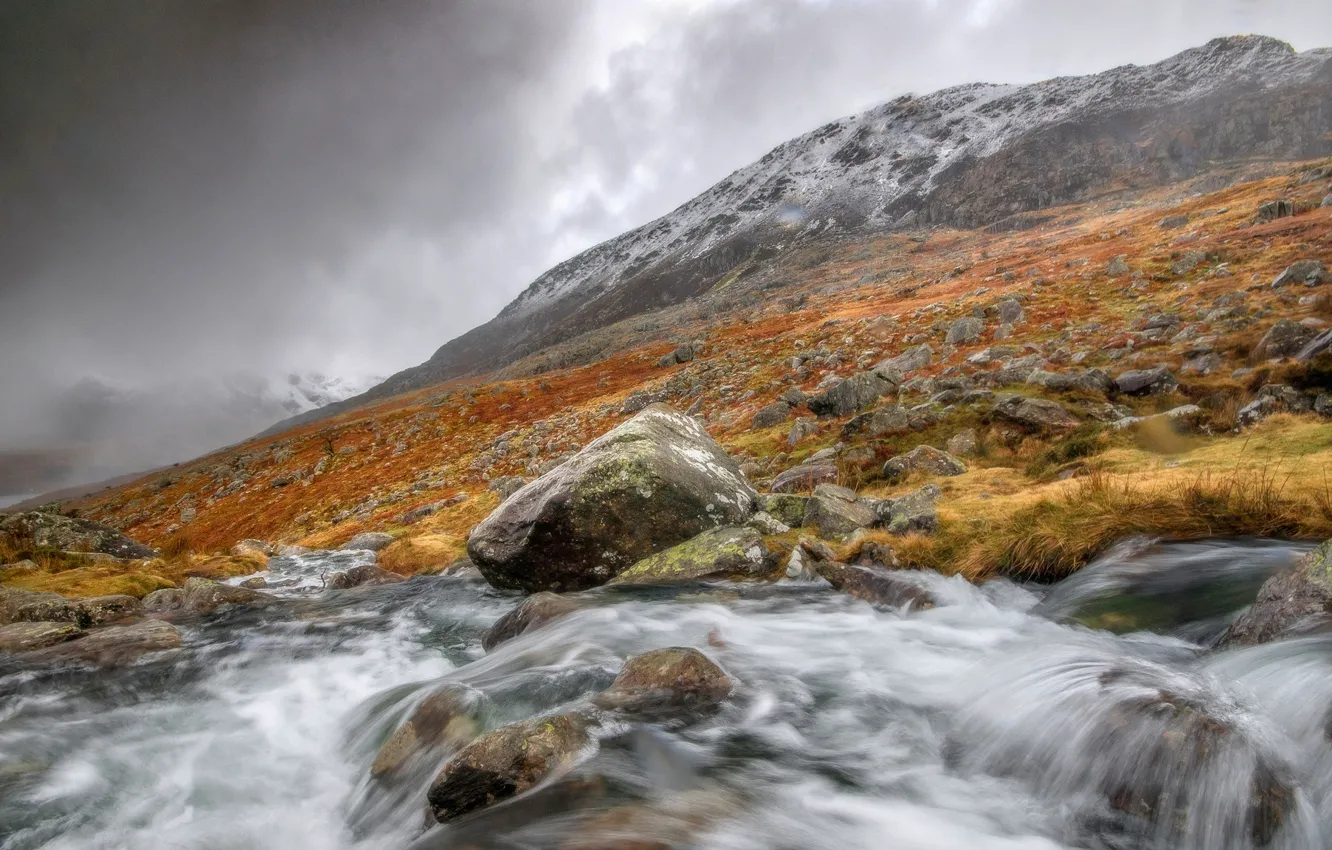 Photo wallpaper clouds, mountains, river, stones, stream, Wales