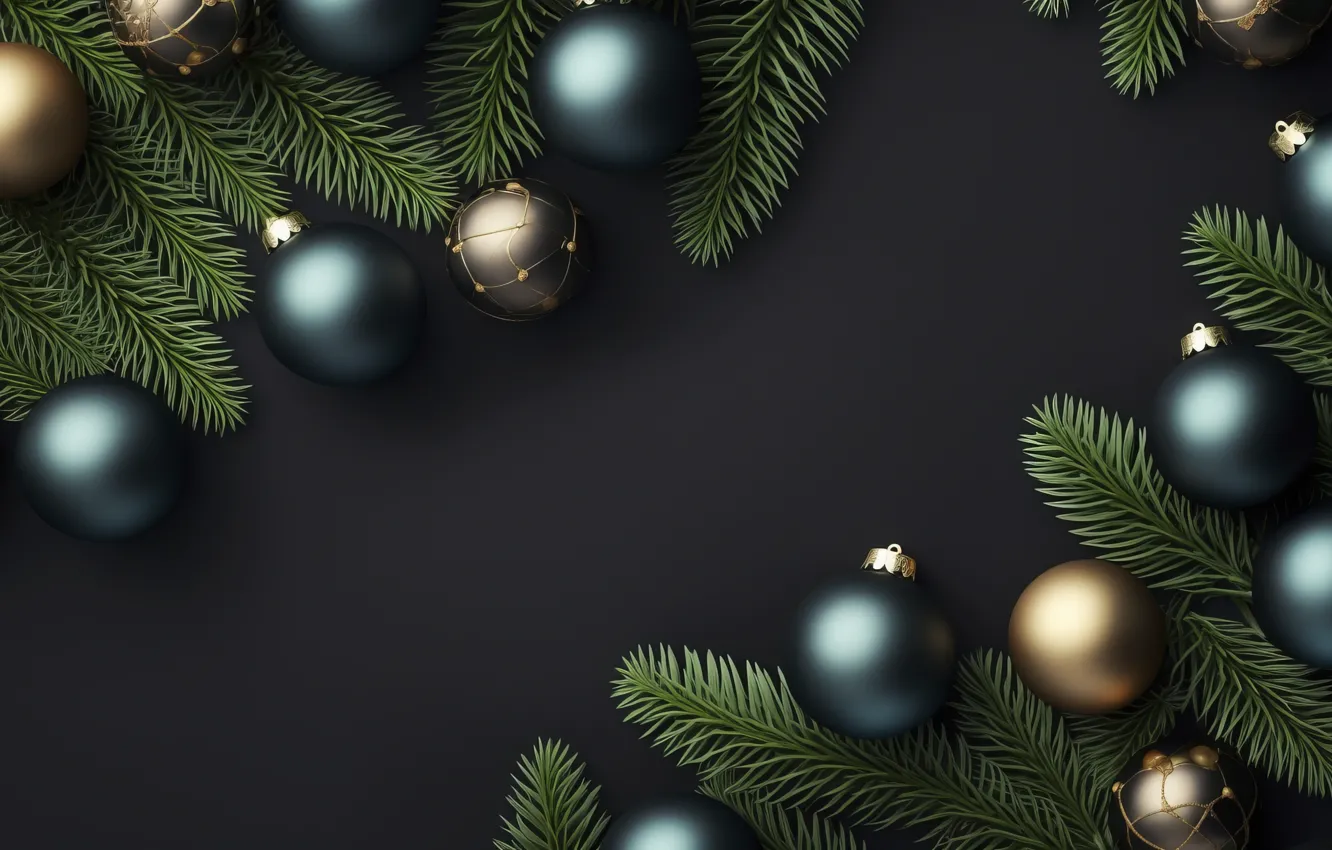 Photo wallpaper decoration, the dark background, balls, new year, Christmas, golden, Christmas, balls