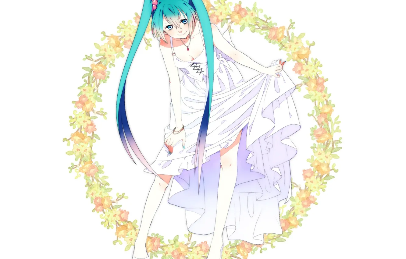 Photo wallpaper smile, white background, Hatsune Miku, Vocaloid, wreath, long hair, sundress, lacing