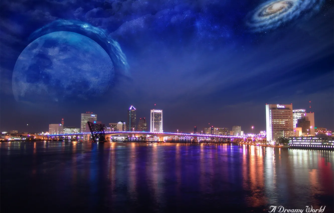 Photo wallpaper water, skyscrapers, Dreamy World