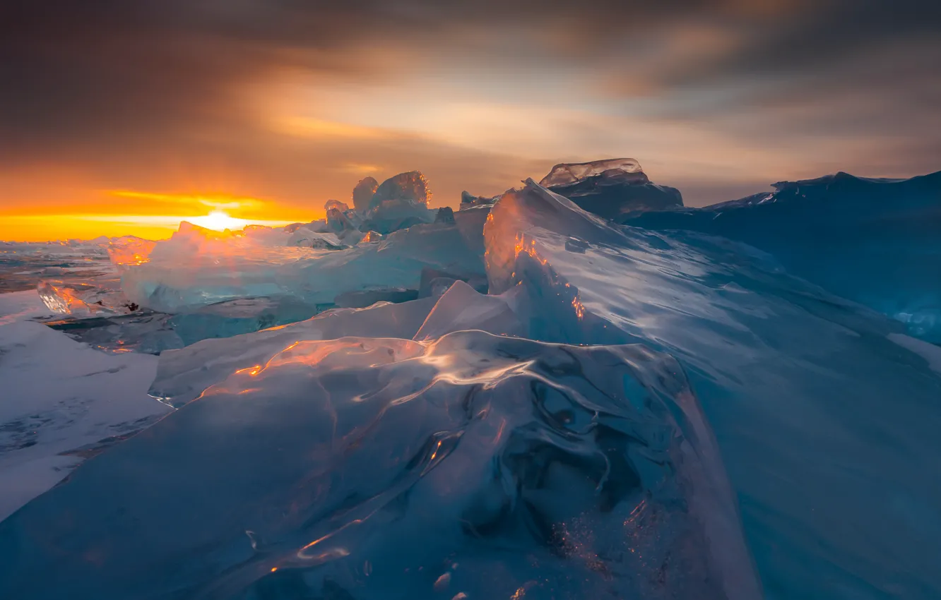Photo wallpaper ice, winter, sunset, nature