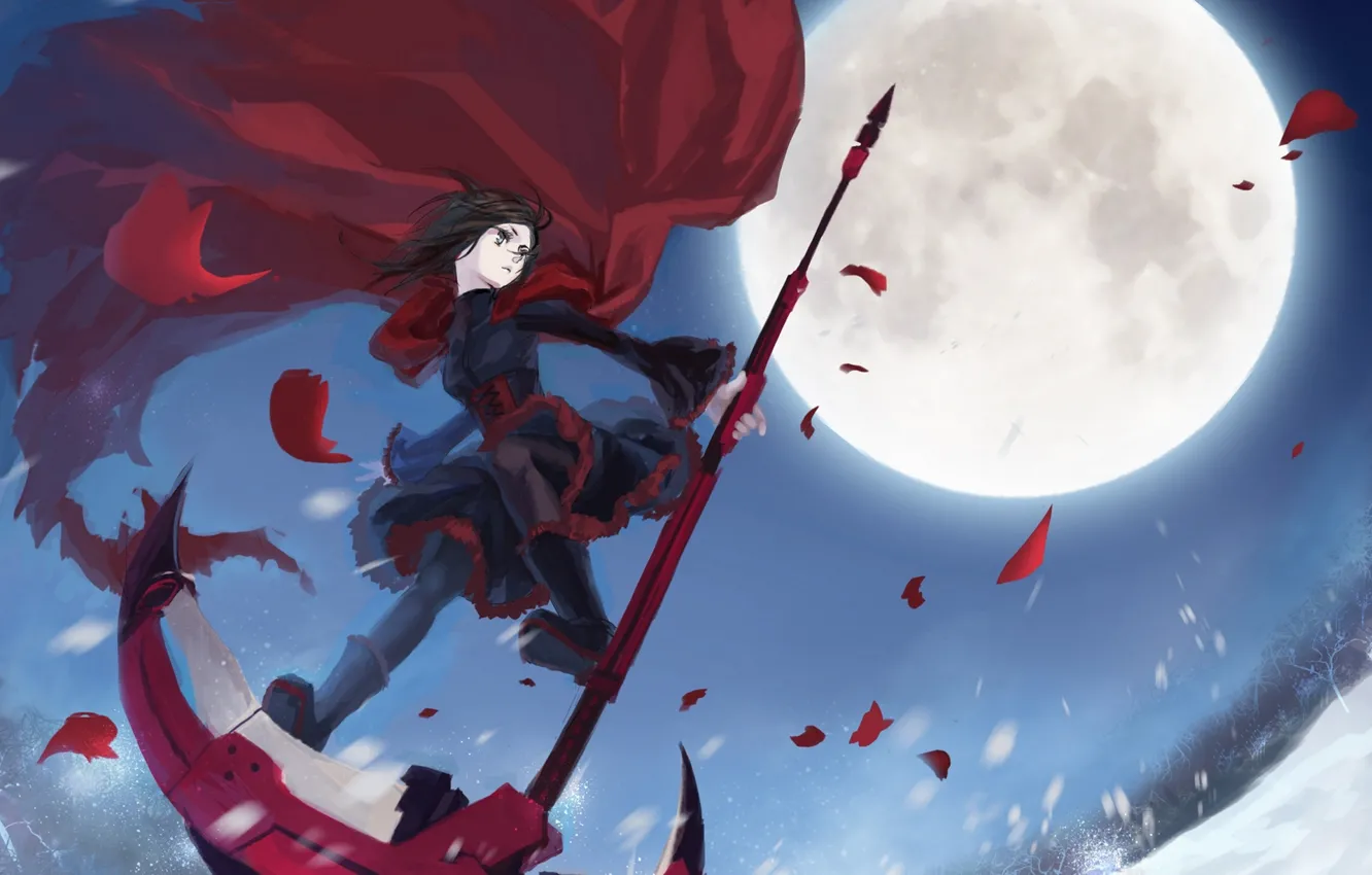 Photo wallpaper girl, snow, trees, weapons, the moon, anime, petals, art