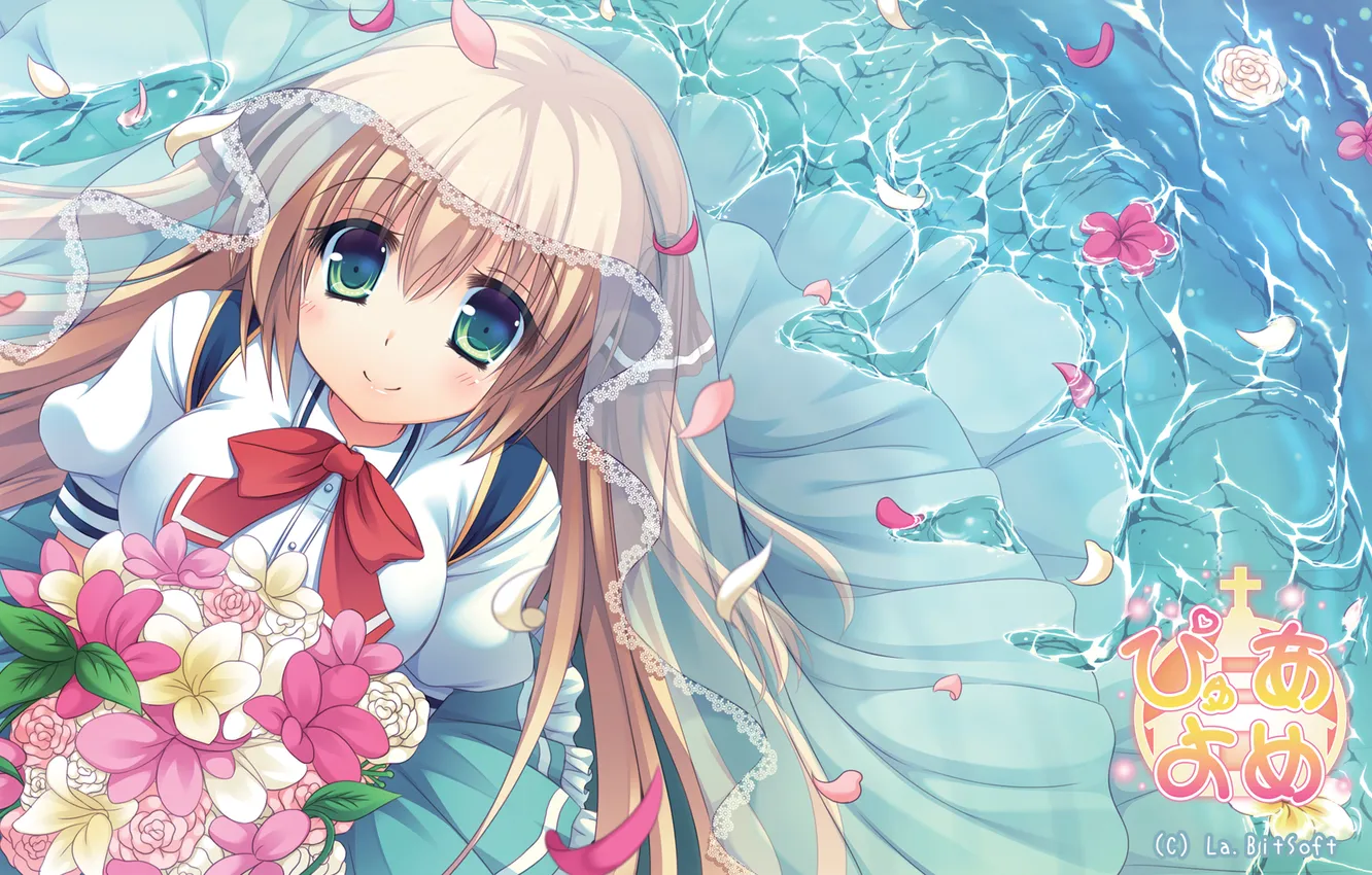 Photo wallpaper water, girl, flowers, bouquet, anime, petals, art, veil