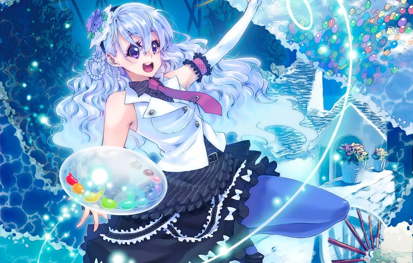 Photo wallpaper the sky, water, girl, clouds, balls, flowers, paint, anime