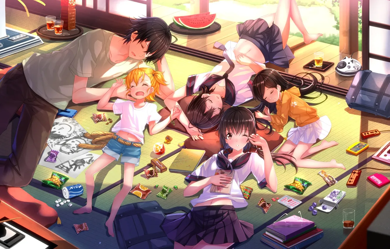 Photo wallpaper look, girl, children, mess, sleep, surprise, watermelon, guy