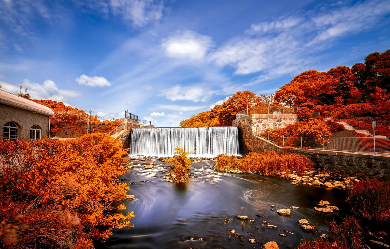Photo wallpaper autumn, nature, waterfall, dam