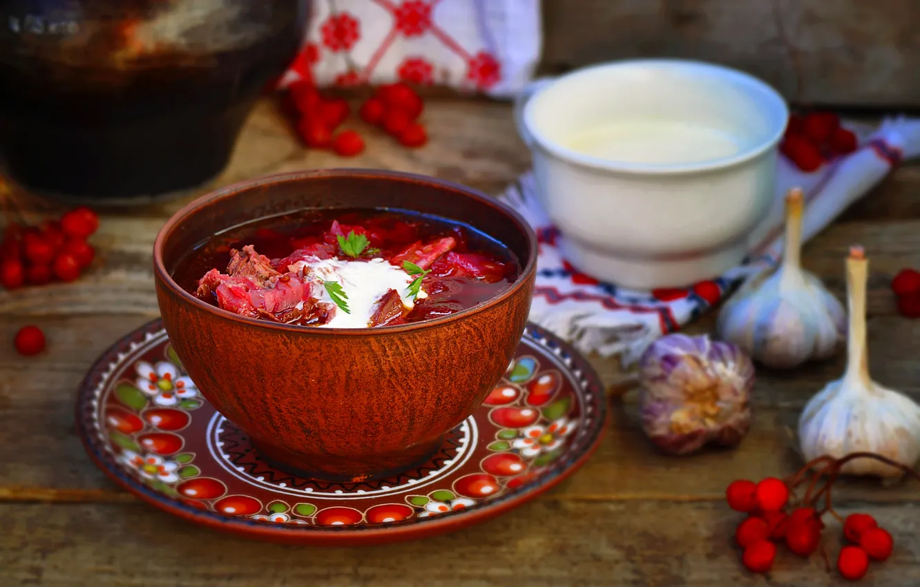 Photo wallpaper berries, table, Board, food, towel, plate, pot, bowl
