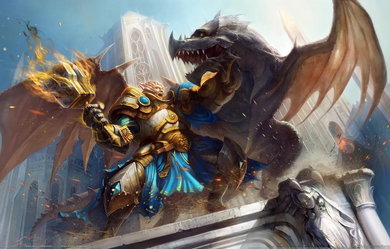 Photo wallpaper dragon, man, torch, Ether Saga Online