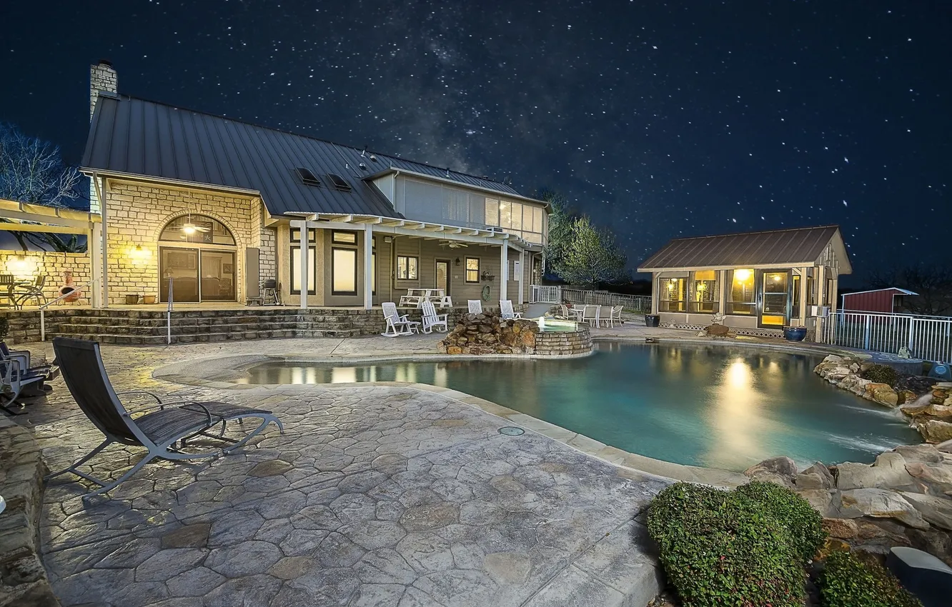 Photo wallpaper the sky, stars, night, lights, home, interior, pool, yard
