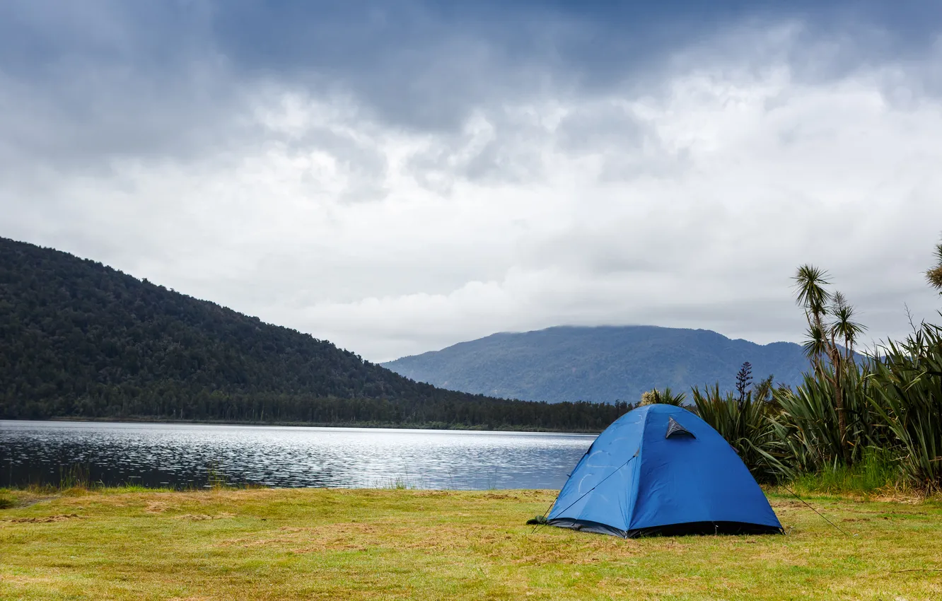 Photo wallpaper grass, clouds, lake, tent