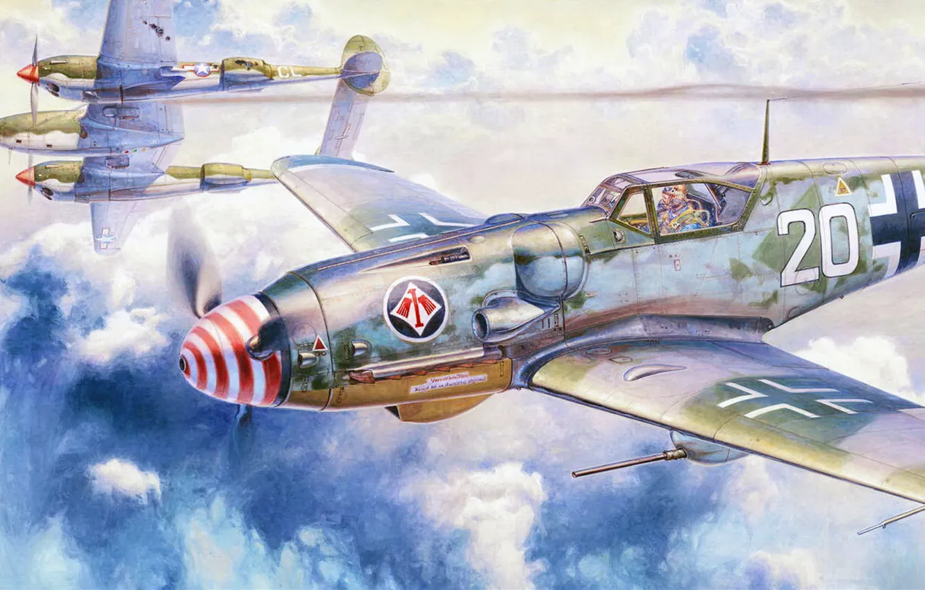 Photo wallpaper figure, Lightning, Messerschmitt, Air force, Luftwaffe, P-38, single-engine piston fighter-low, BF109 G-6