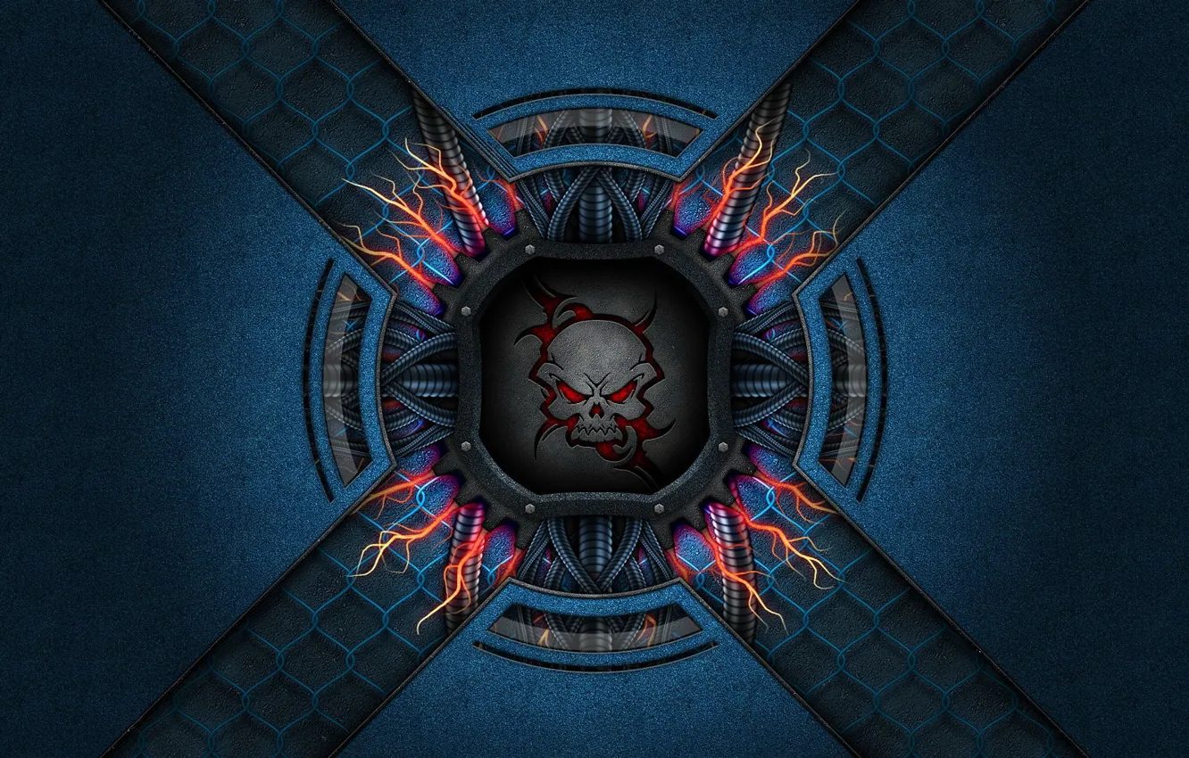 Photo wallpaper blue, mesh, lightning, skull