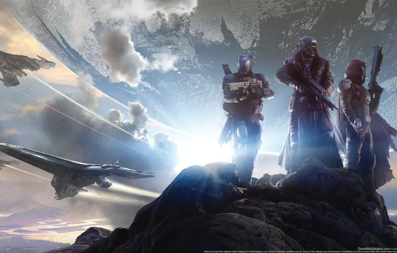 Photo wallpaper mountains, clouds, stones, weapons, planet, armor, warriors, GameWallpapers