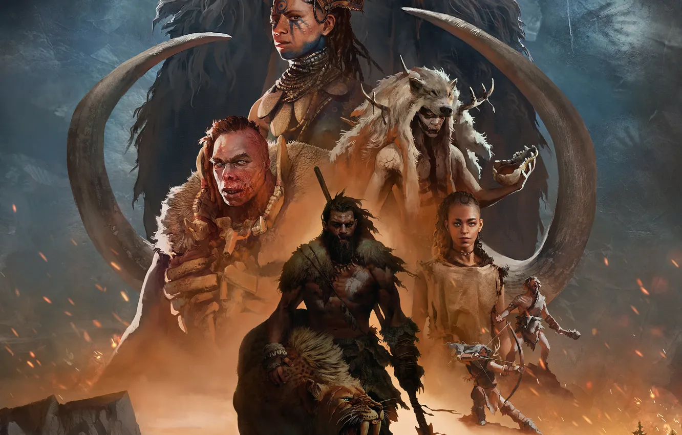 Photo wallpaper look, figure, bow, tattoo, bones, fur, male, spear