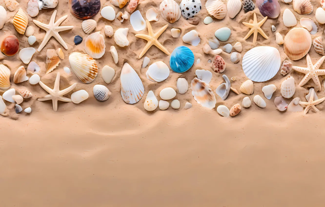 Photo wallpaper sand, shore, shell, starfish, seashells, seashell, AI art, neural network