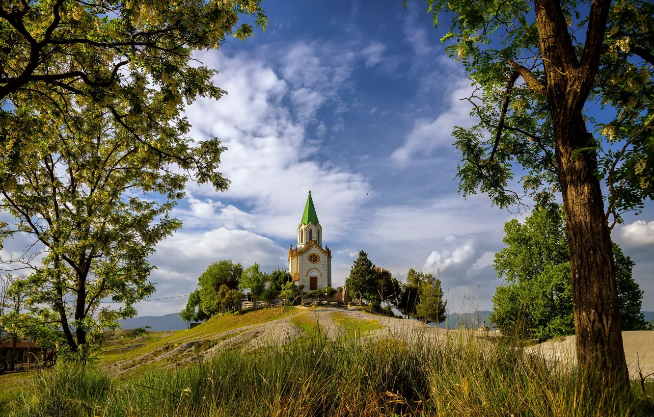 Photo wallpaper clouds, trees, Church, Spain, Puig Agut Sanctuary