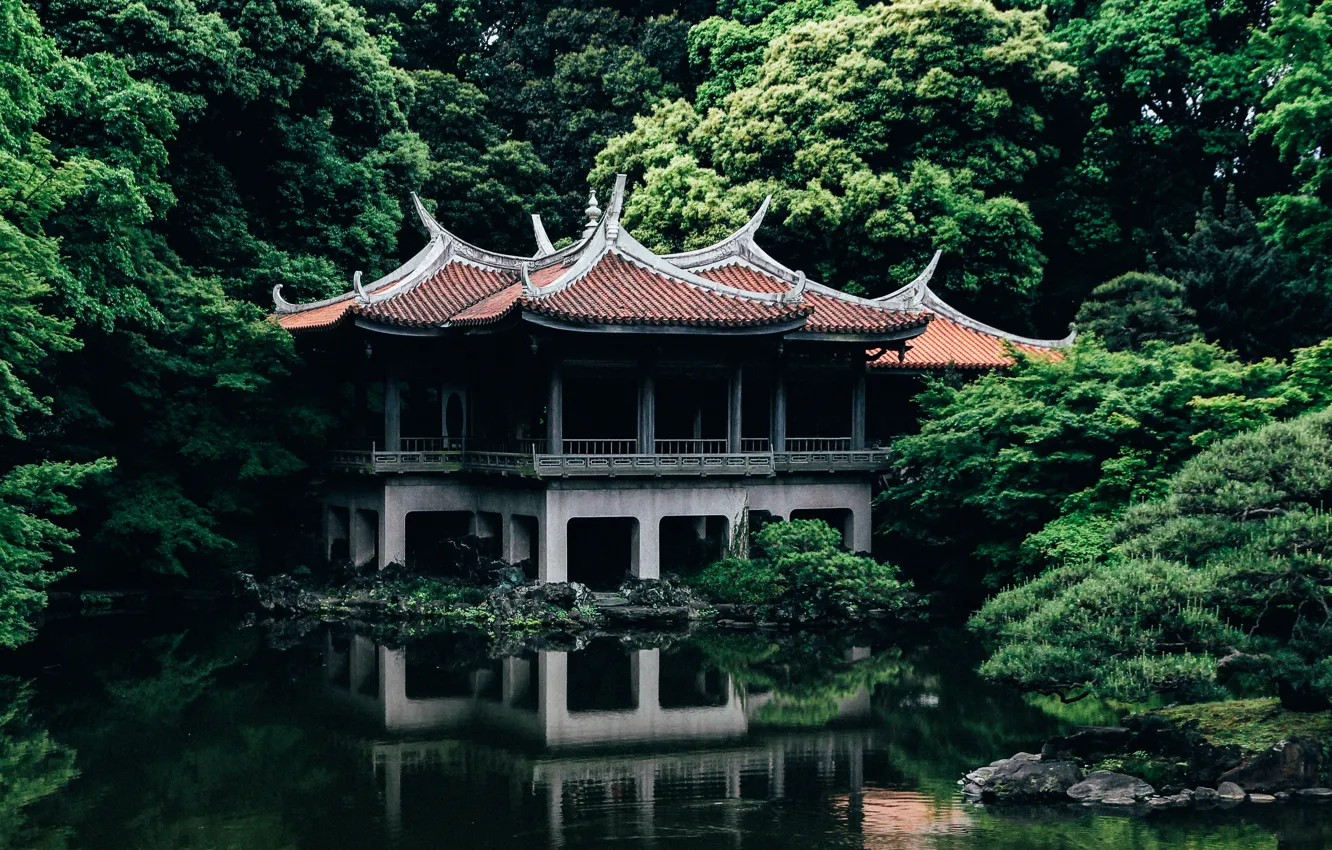 Photo wallpaper Nature, Lake, Trees, Japan, Tokyo, Temple, Architecture, Shinjuku Gyoen old Goryotei