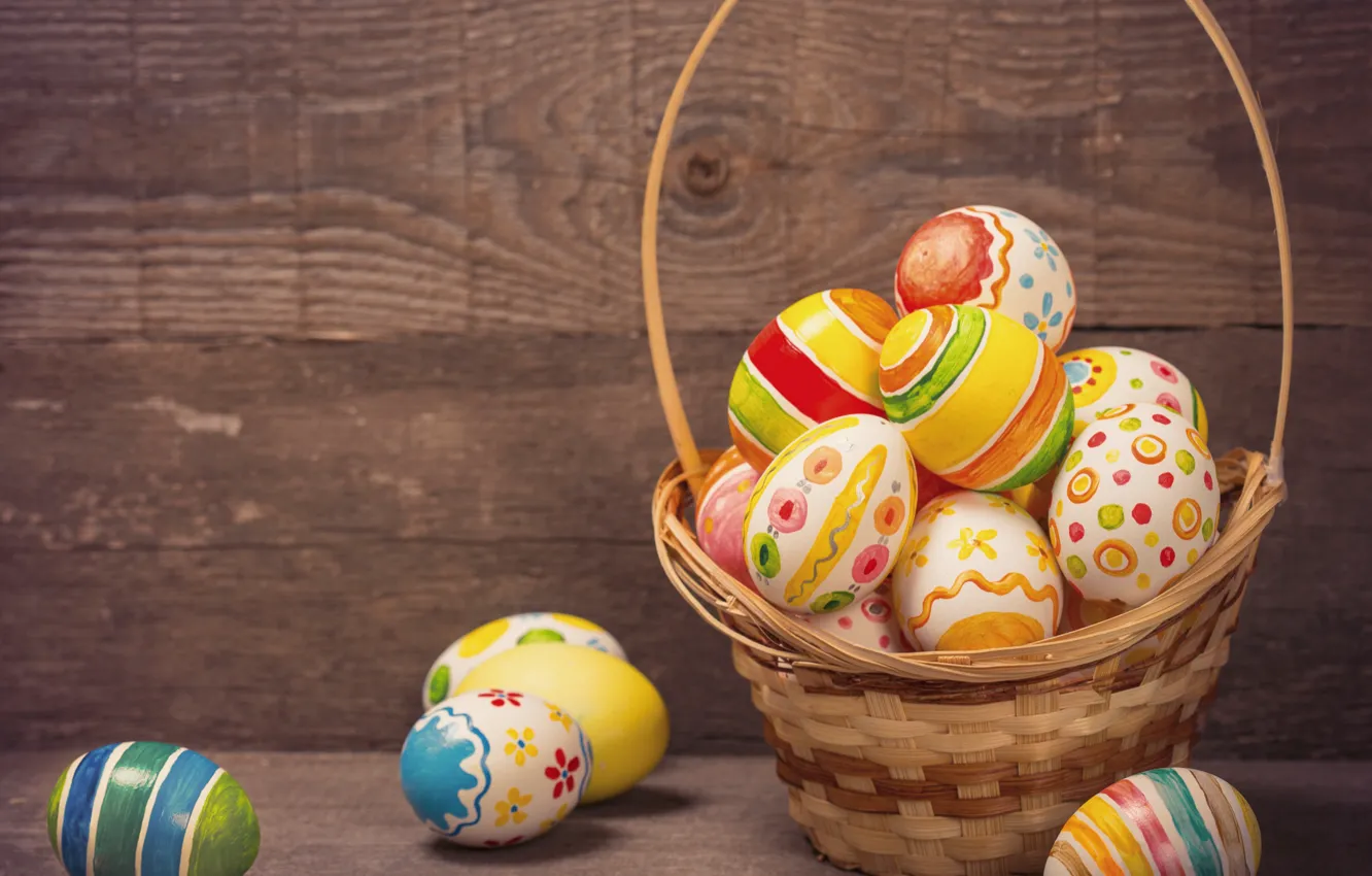 Photo wallpaper basket, colorful, Easter, happy, wood, spring, Easter, eggs