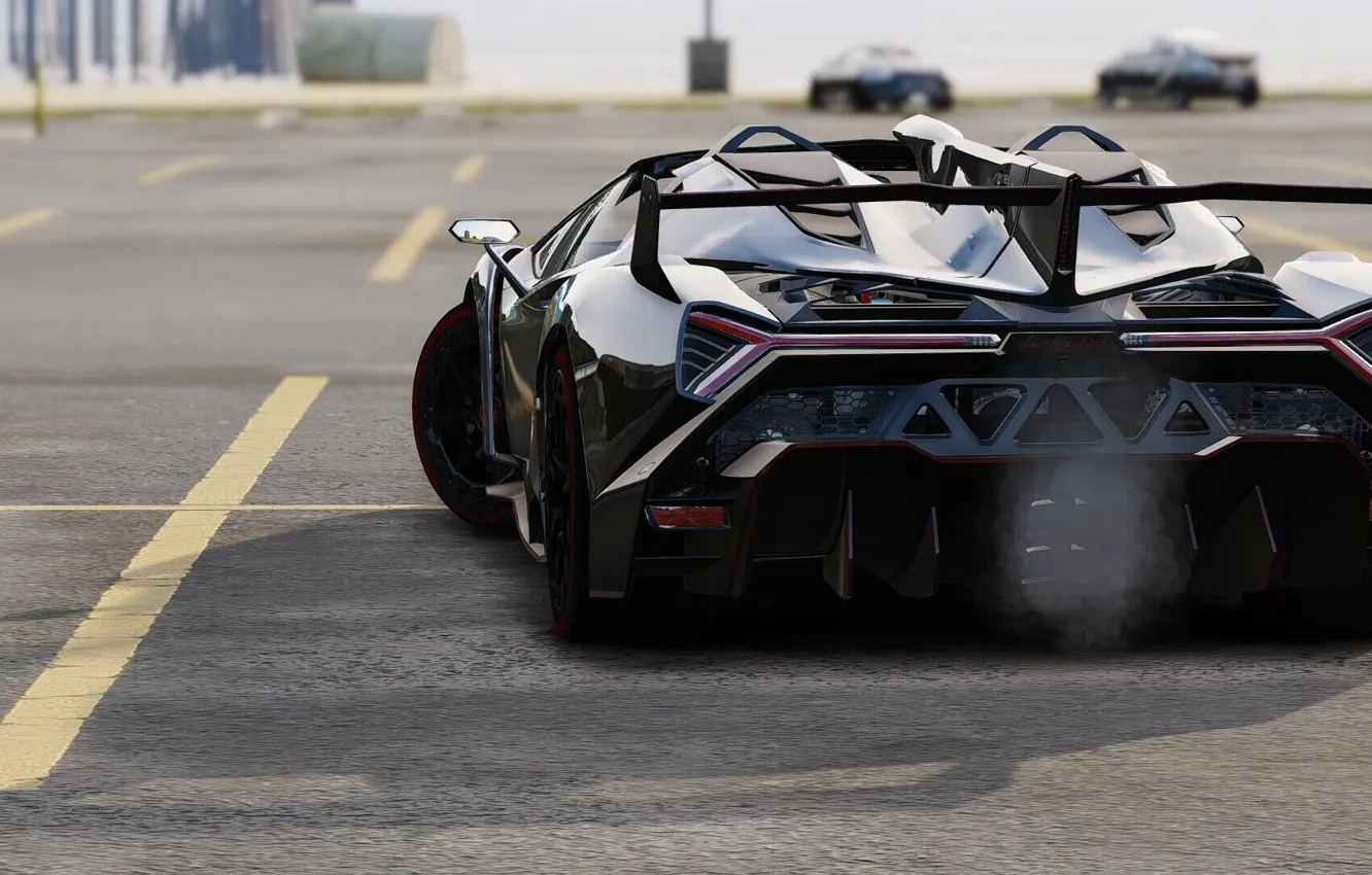 Photo wallpaper asphalt, black, Lamborghini, Parking, back, gta 5, Veneno Roadster