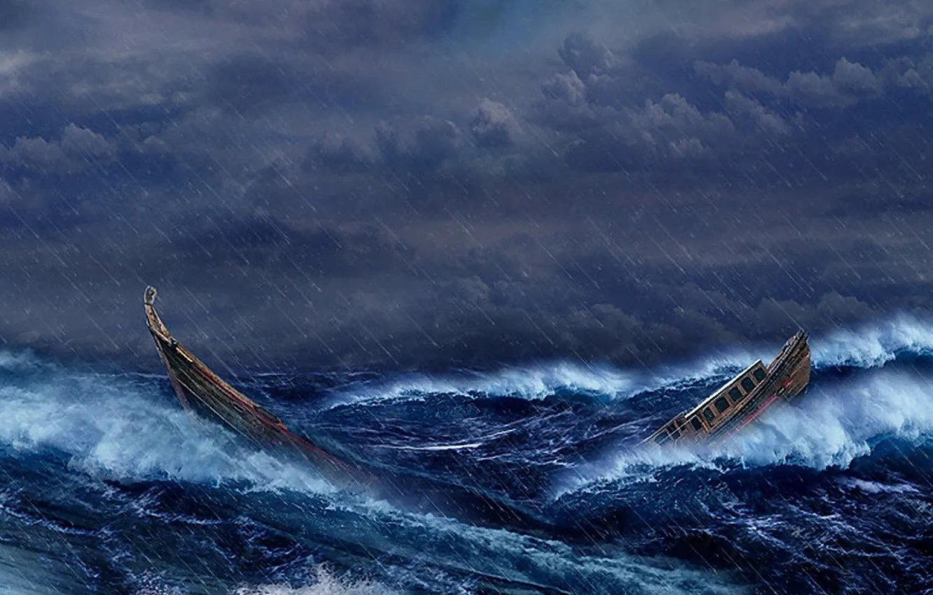 Photo wallpaper sea, wave, storm, Boat