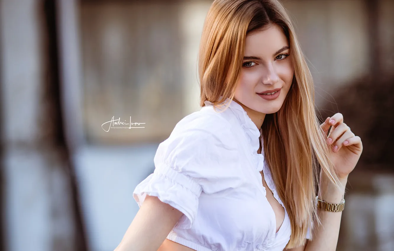Photo wallpaper pose, Lucian Andrey, blouse, smile, beauty, hair, body, girl