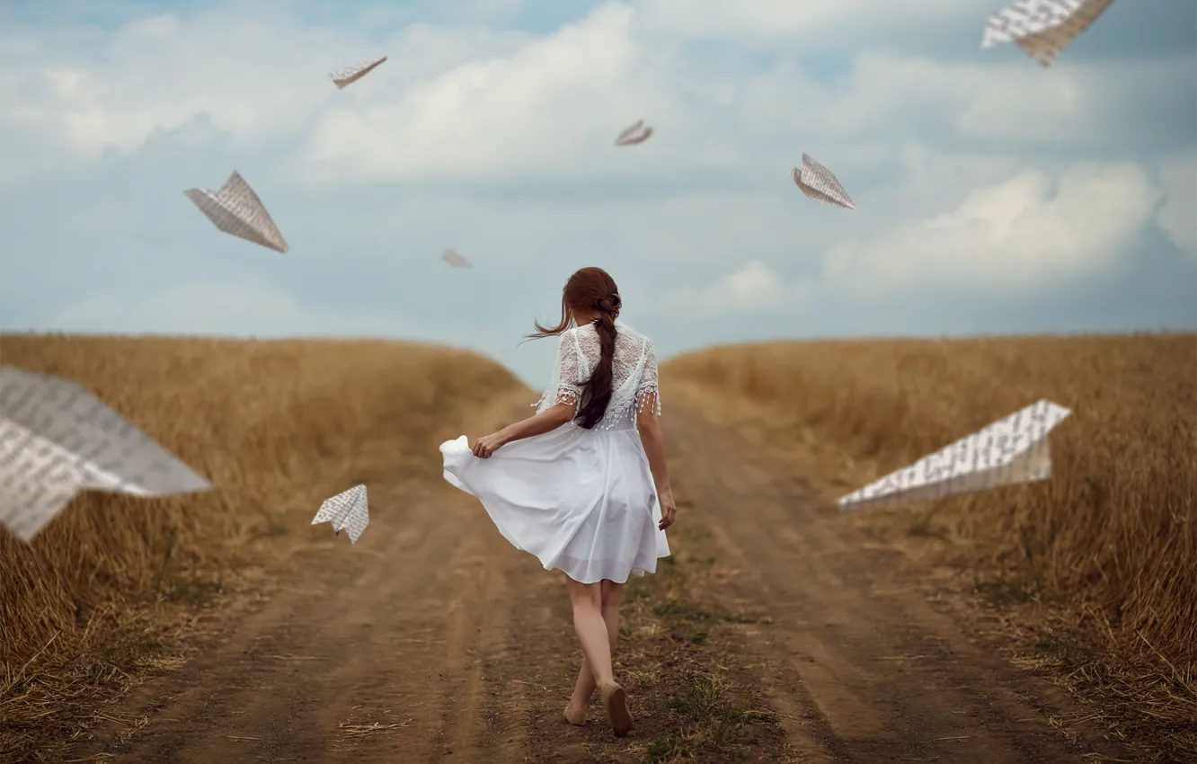 Photo wallpaper road, field, girl, mood, paper airplanes, Monica Lazar