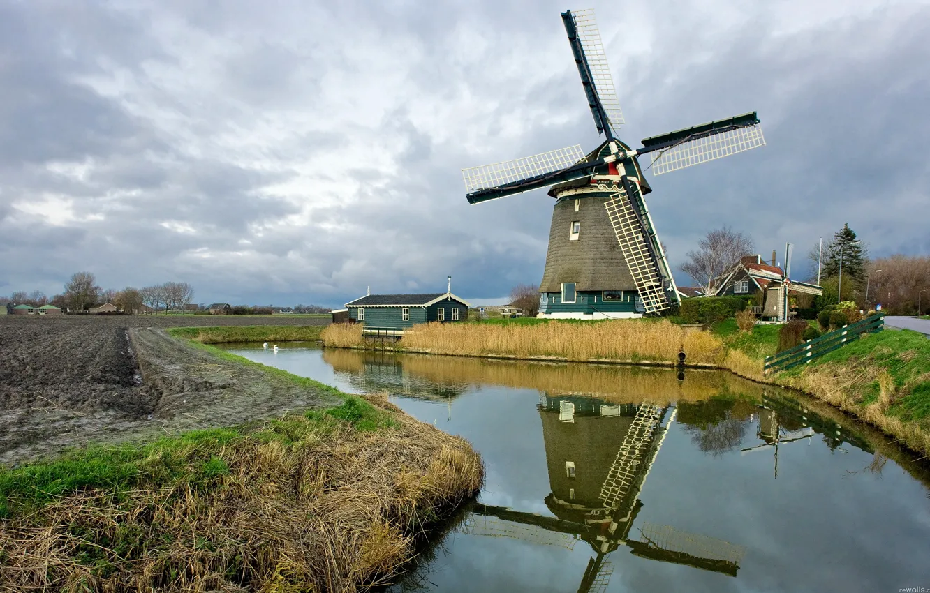 Photo wallpaper autumn, the sky, clouds, mill, channel, Netherlands