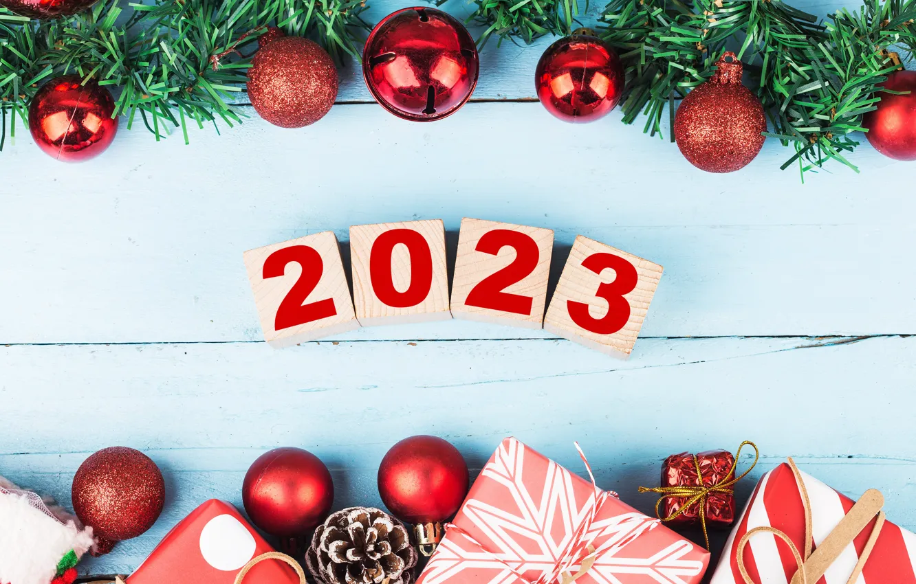 Photo wallpaper balls, red, box, gift, cubes, Board, new year, figures