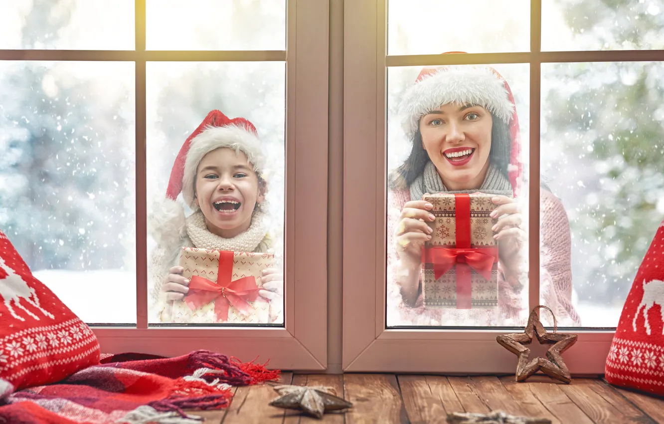 Photo wallpaper winter, girl, joy, window, girl, gifts, New year