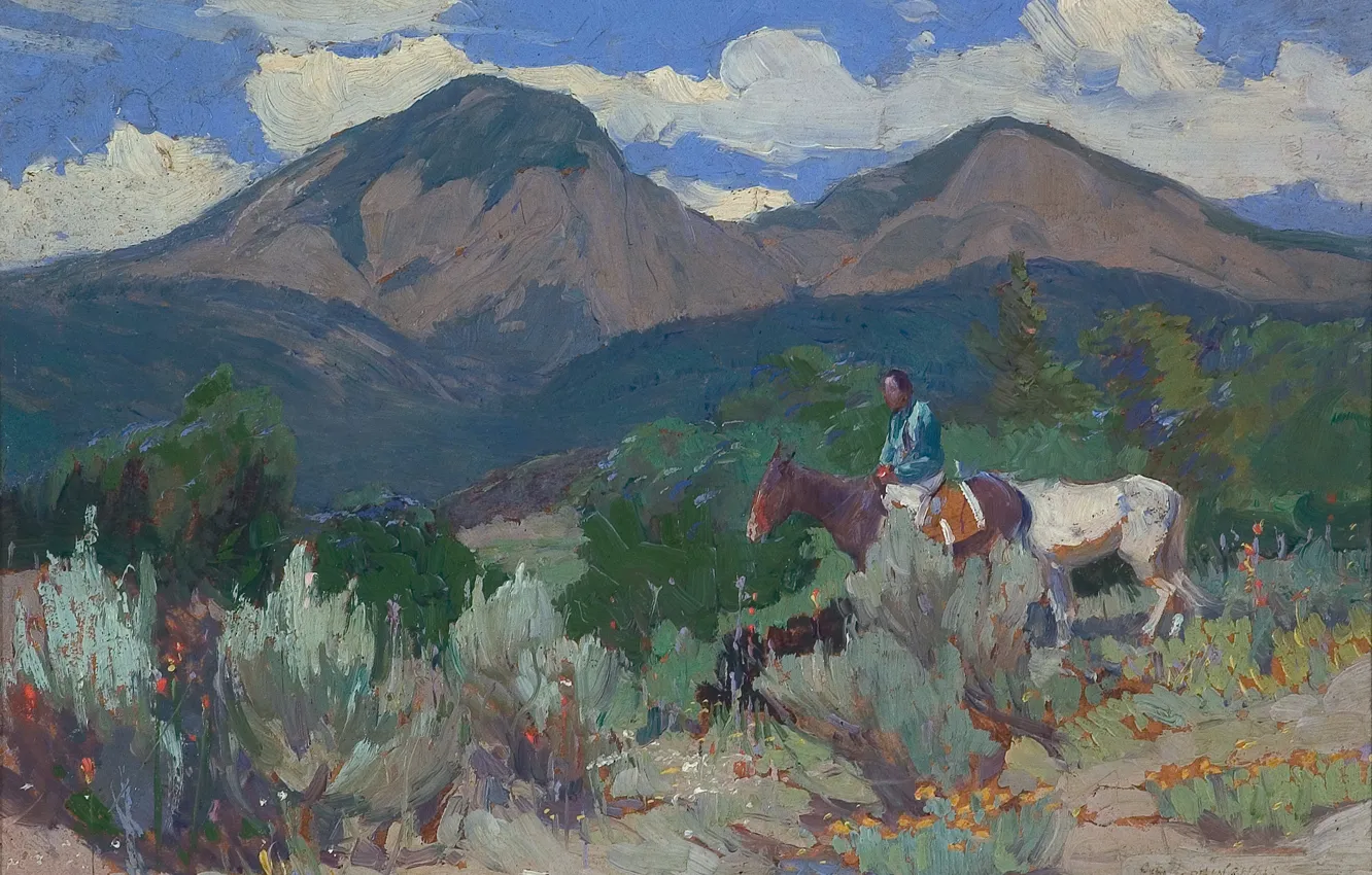 Photo wallpaper mountains, horse, Oscar Edmund Berninghaus, rplaca, Taos Mountain, Indian and
