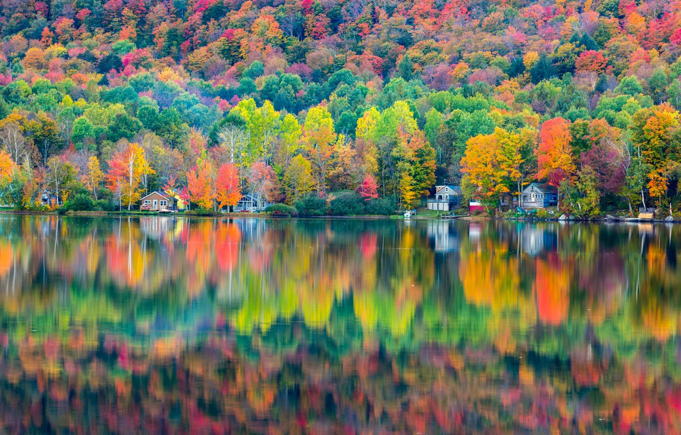 Photo wallpaper autumn, forest, lake, reflection, home