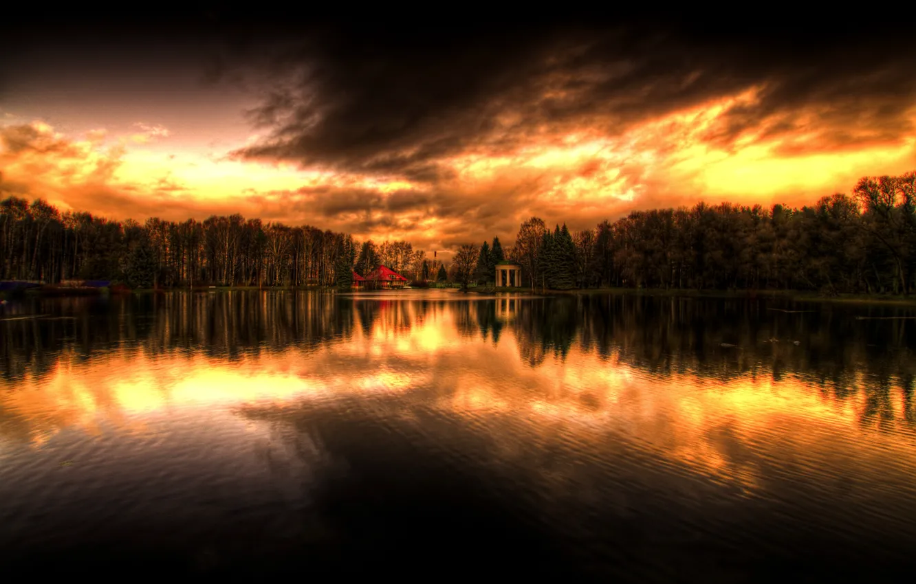Photo wallpaper forest, water, the sun, trees, sunset, lake, Saint Petersburg, Krestovsky island