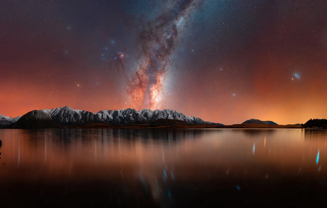 Photo wallpaper landscape, mountains, night, lake, the milky way