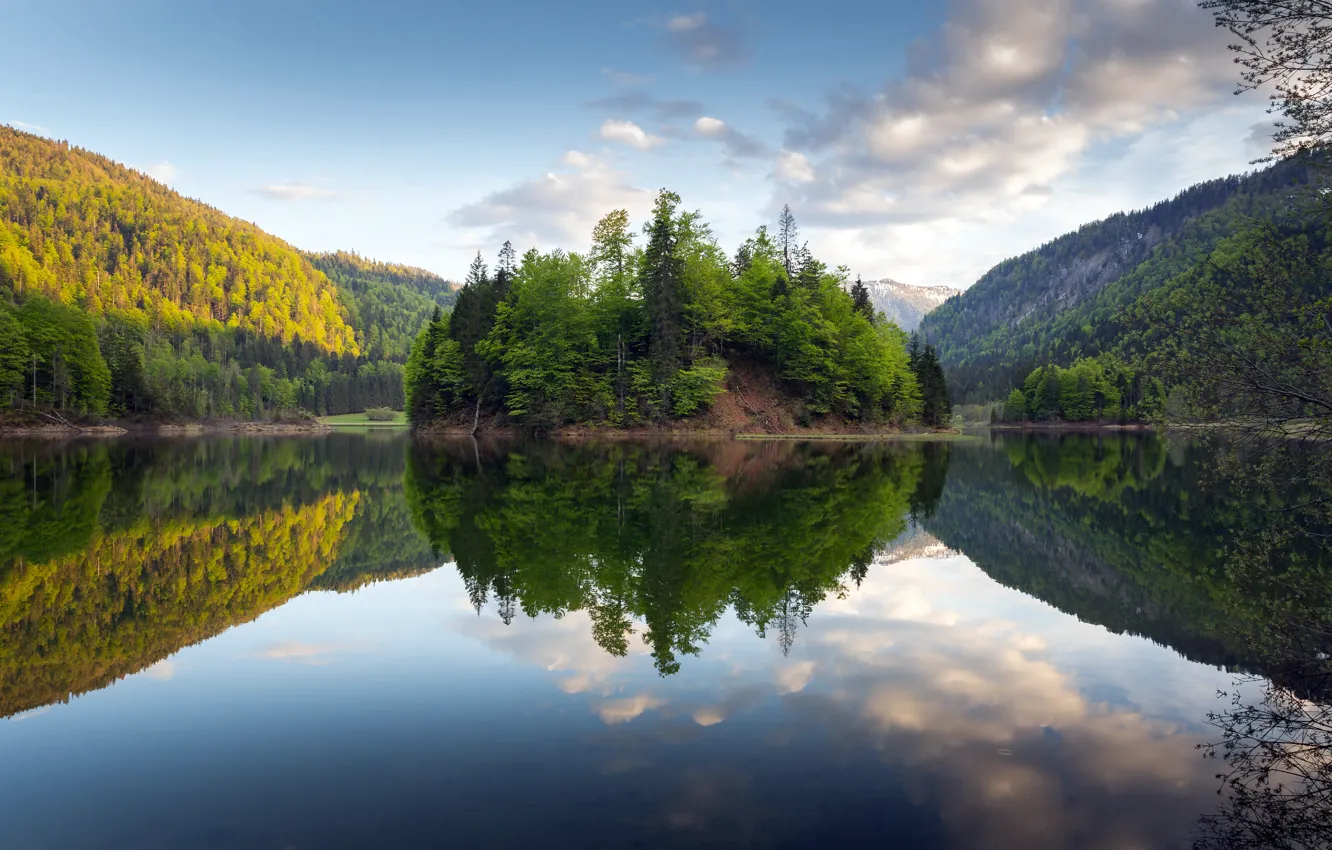 Photo wallpaper mountains, lake, germany, bavaria, perfect reflection