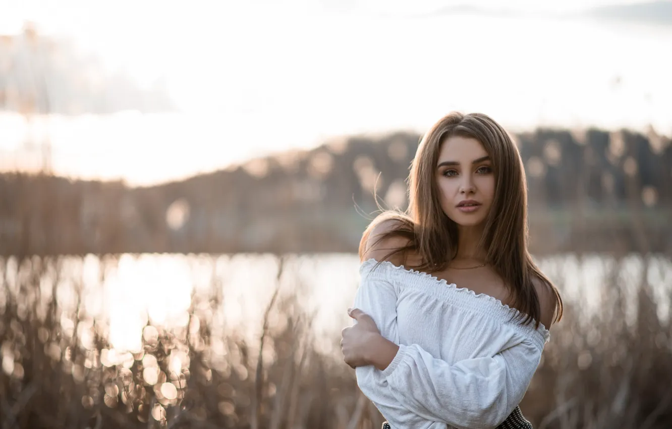 Photo wallpaper look, landscape, model, portrait, makeup, hairstyle, blouse, brown hair